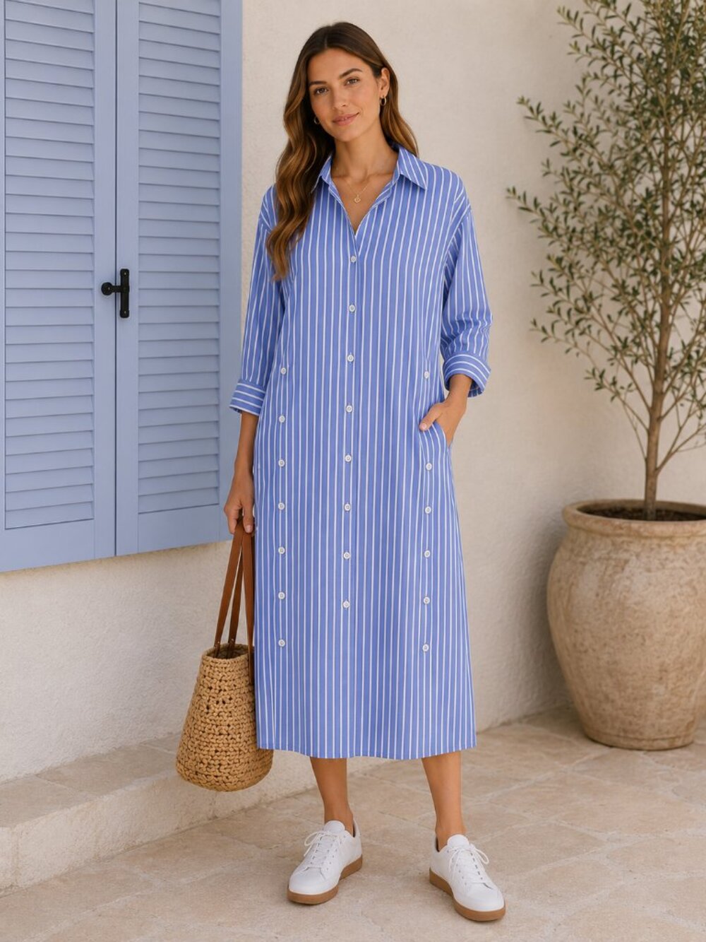 Sovere White Blue Pinstriped Shirt Dress with Button Detail Midi Sz S